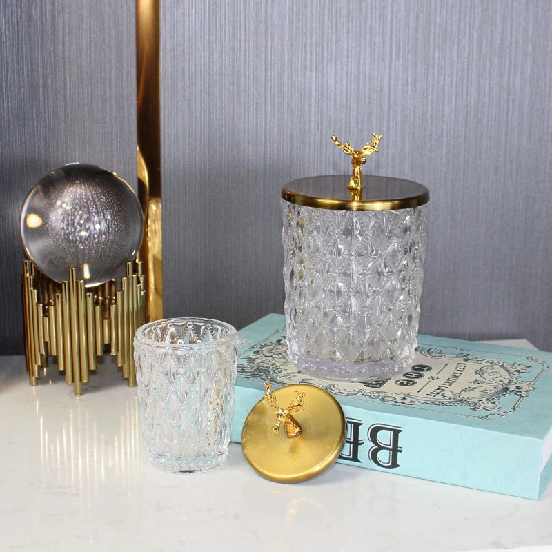 European Light Luxury High-Grade Crystal Glass Candy Jar Metal Cover Transparent Toothpick Cotton Swab Box Household Living Room Furnishings